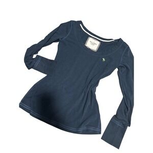 Y2K Abercrombie Fitch Long Sleeve Scoop Neck Tee Navy Pocket Logo Size L